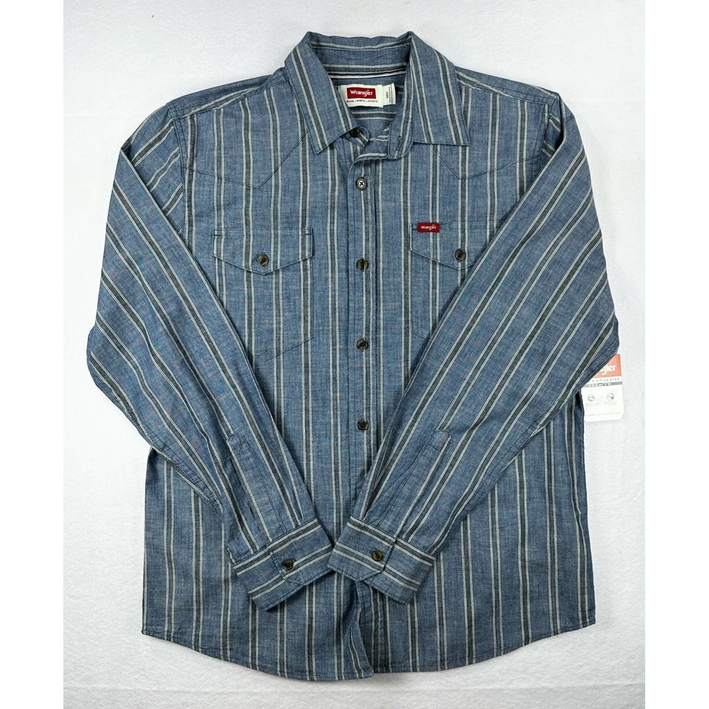 Wrangler Mens Blue Striped Long Sleeve Button Down Western Shirt Medium NEW